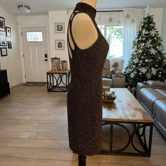 Riaziee Boutique Bronze Pure Silk Formal Beaded Mini Dress Size 4 - Picture 16 of 17
